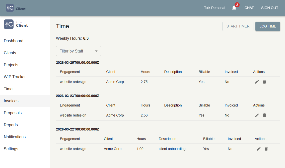 FiLoClient time tracking