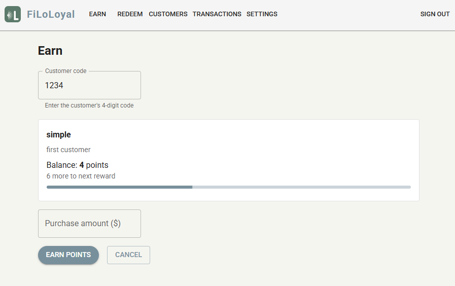 FiLoLoyal earn points screen