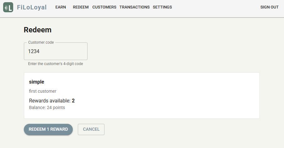 FiLoLoyal redeem reward screen