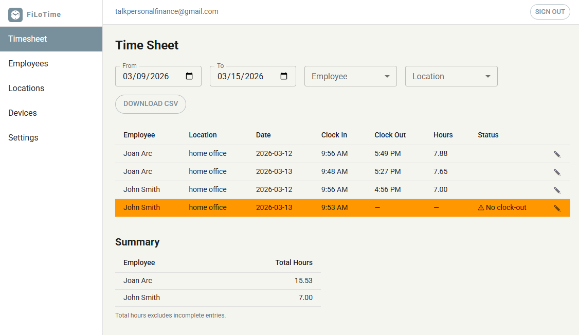 FiLoTime timesheet dashboard